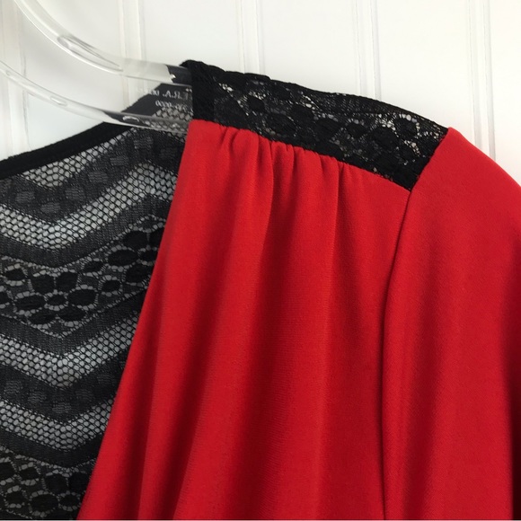 TORRID Plus Size 3 Red Long Top with Black Lace, Rushing, Wrap Neck, Holiday - Picture 3 of 9